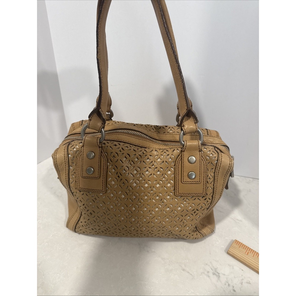 Fossil Brown Embossed Satchel Top Handle Zip, Detachable Strap, Key Charm